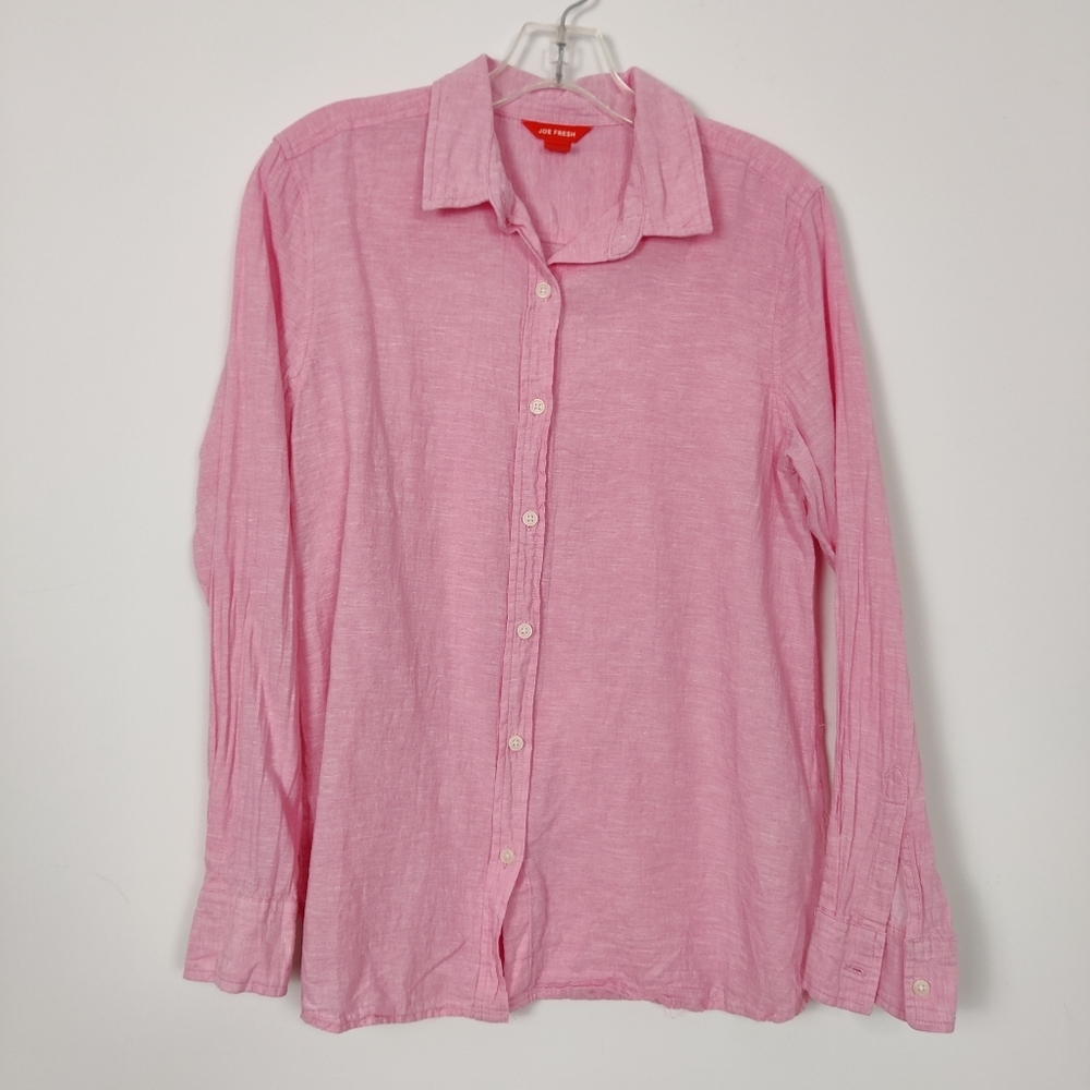 Joe Fresh Women's Button Down Shirt in Pink Sz Medium Linen Cotton Quiet Luxury